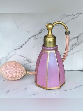 Vtg Art Deco 1920s Devilbiss Pink & Gold Tone Glass Perfume 4” Bottle Atomizer